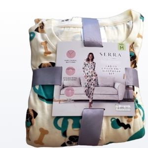 Serra Pug cream & green pug long sleeve long pant pug pajamas M 8-10 NWT